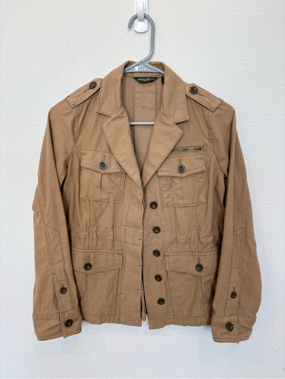 Vintage Eddie Bauer Tan Military Utility
Jacket XS Cotton Button Fall Outerwear